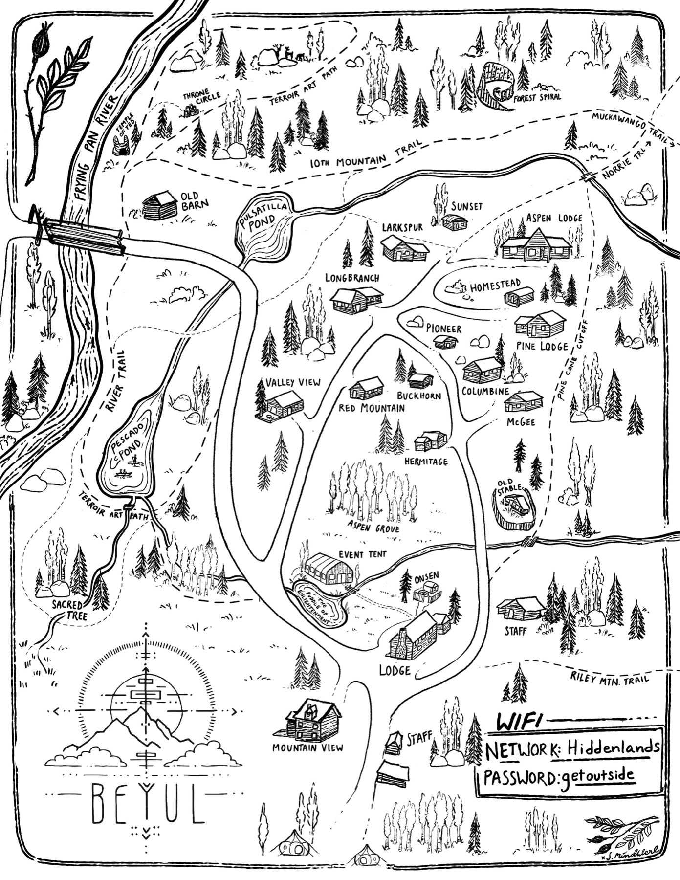 Hand-illustrated map of Beyul Retreat showing cabins, ponds, trails, and the Frying Pan River
